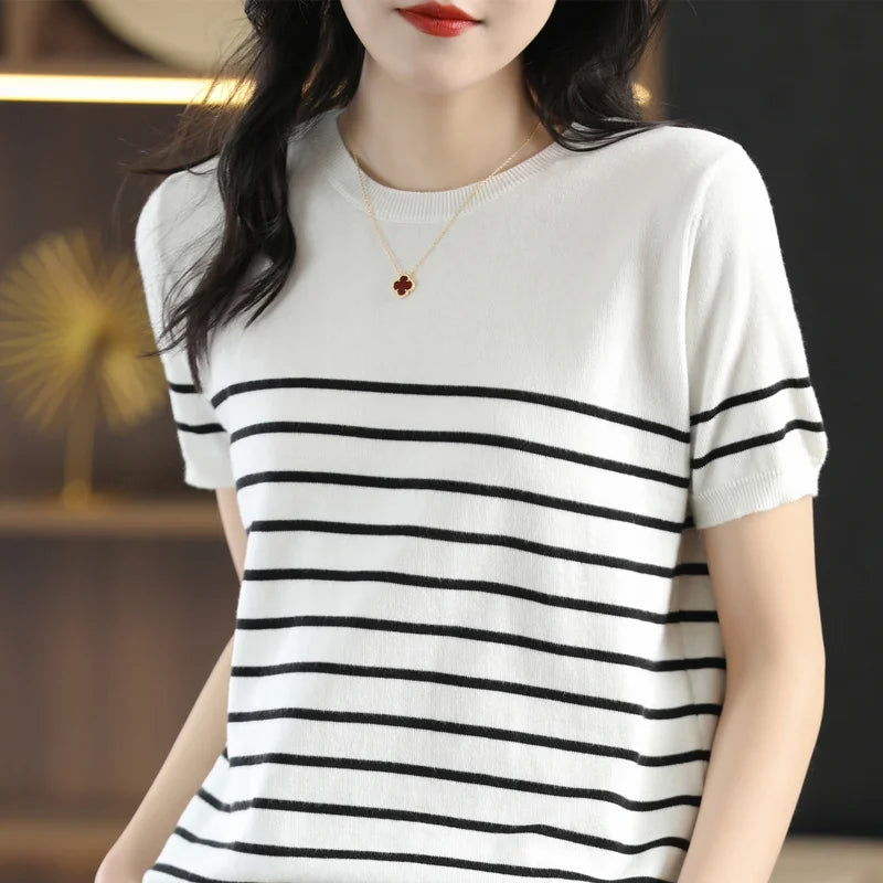 Pure Cotton Hollow Short-Sleeved Ladies Spring And Summer Loose Slim New Joker Knit Bottoming T-Shirt