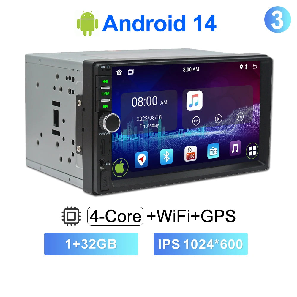 CAIXI Universal 2-DIN Android 14 Car Stereo — CarPlay, Android Auto, GPS for Toyota, Nissan, Jeep, Hyundai, Kia, Chevrolet, VW, Fiat