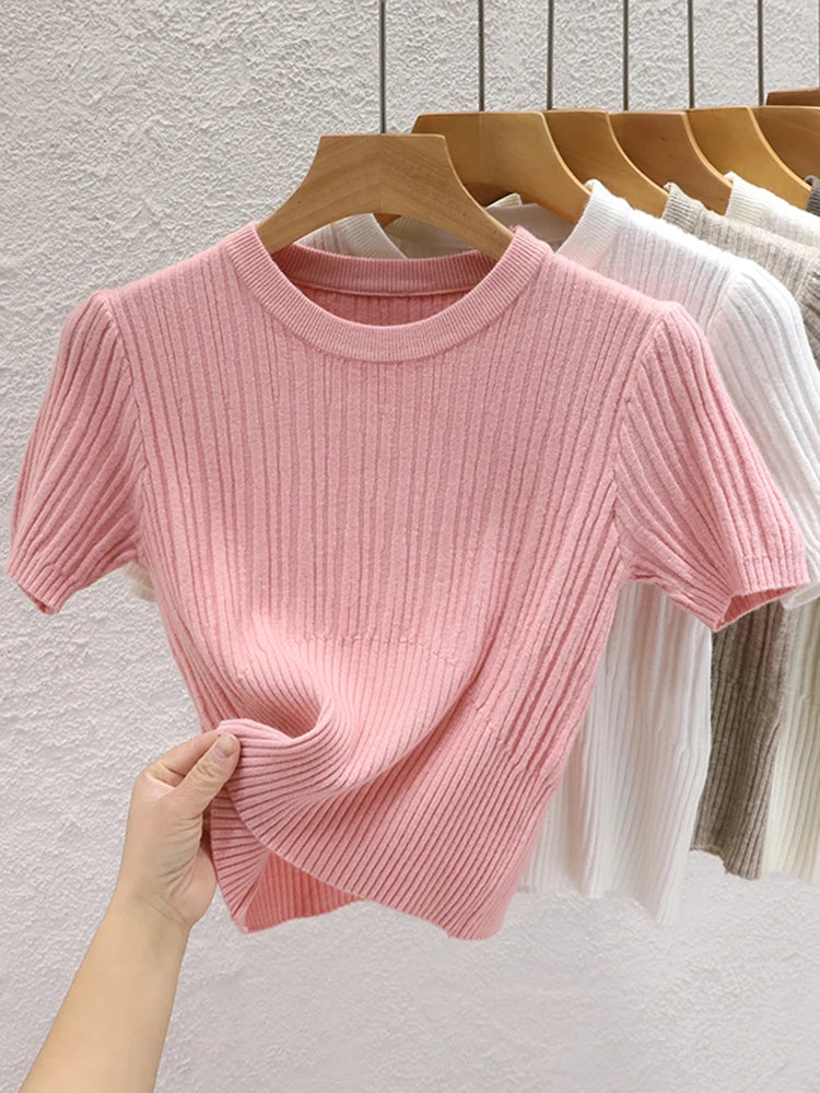 Women's Knit Summer T-Shirt — Korean Basic Solid Top