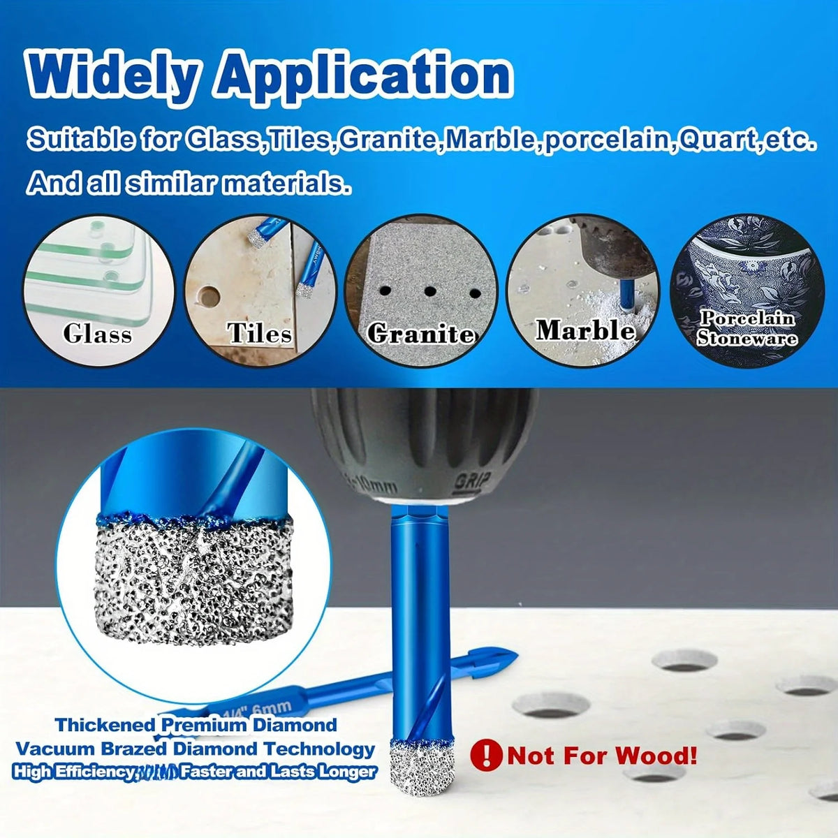 6 Pc Tile Drill Bit Set for Porcelain, Marble & Granite