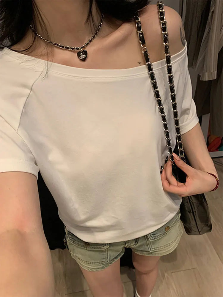 Women's Solid Skew-Collar T-Shirt — Slim-Fit Short-Sleeve Summer Tee
