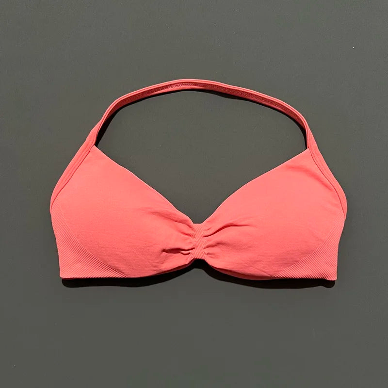 HISTELLO Impacts Strappy Bra Gym Top Women High Support Thin Strap Halter Sports Seamless Bra Scrunch Push-up Workout Yoga Tanks