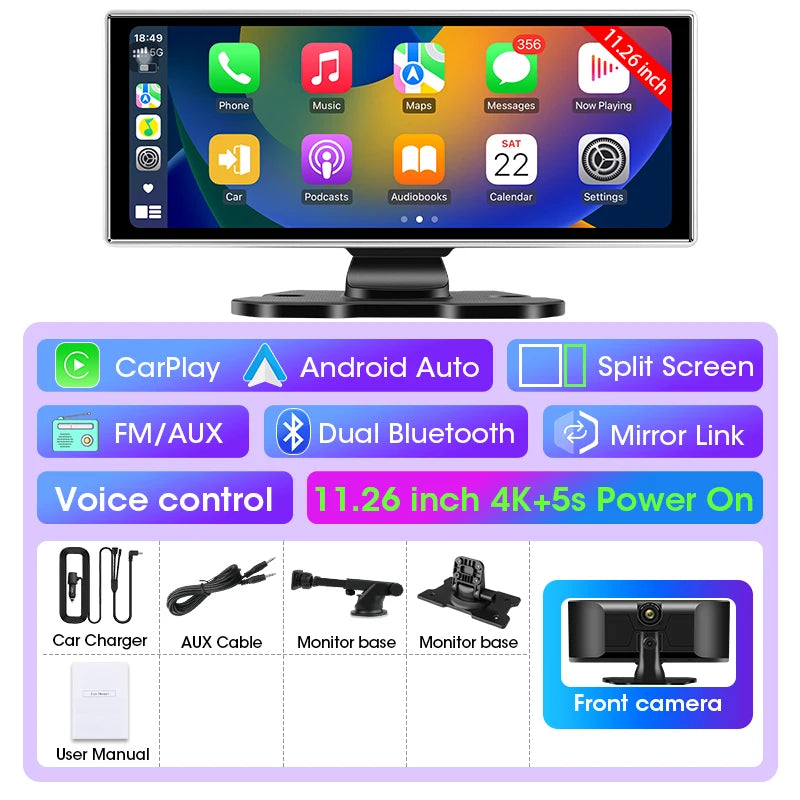 4K Dual-Lens Dash Cam with CarPlay & Android Auto