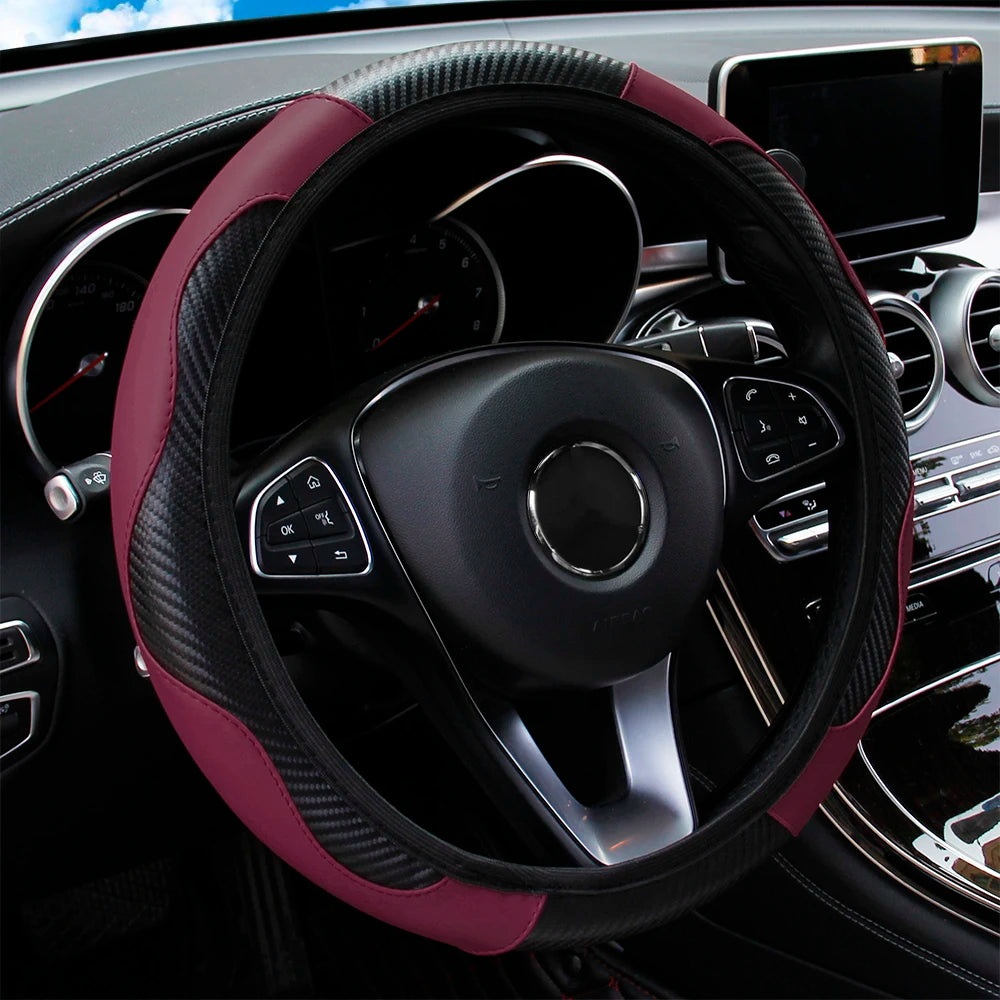 Carbon Fiber PU Leather Steering Wheel Cover – Universal Fit 14.5–15 Inch | Anti-Slip Car Interior Accessory