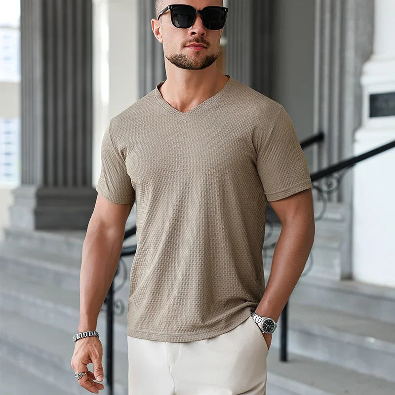 Men's Ice-Silk V-Neck Tee - Jacquard Quick-Dry, Casual Daily Wear