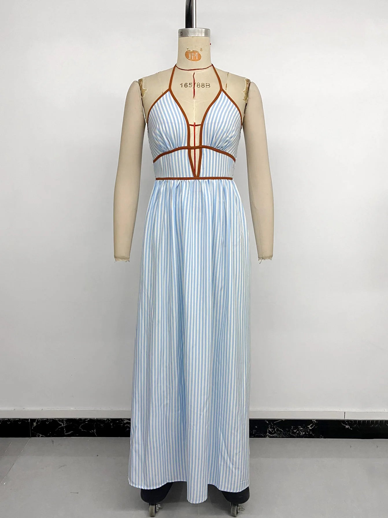 2026 Summer New Style Deep V-neck Striped Beach Dress, Sexy Backless Sleeveless Neckline Long Dress
