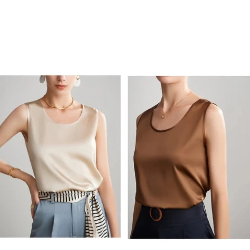 Summer Satin Mulberry Silk Tank Top Casual Versatile Champagne Tops Woman 2026 New Fashion Elegant Vest Loose Sleeveless T-shirt