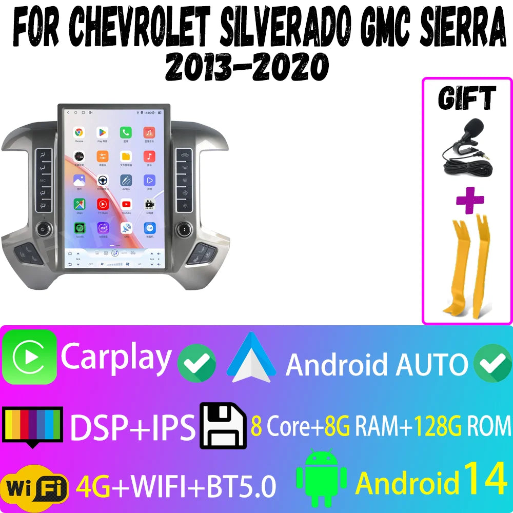 Car Radio For Chevrolet Silverado GMC Sierra 2013-2020 CarPlay Android Auto Automotive Multimedia Tesla Style Bluetooth 4G GPS