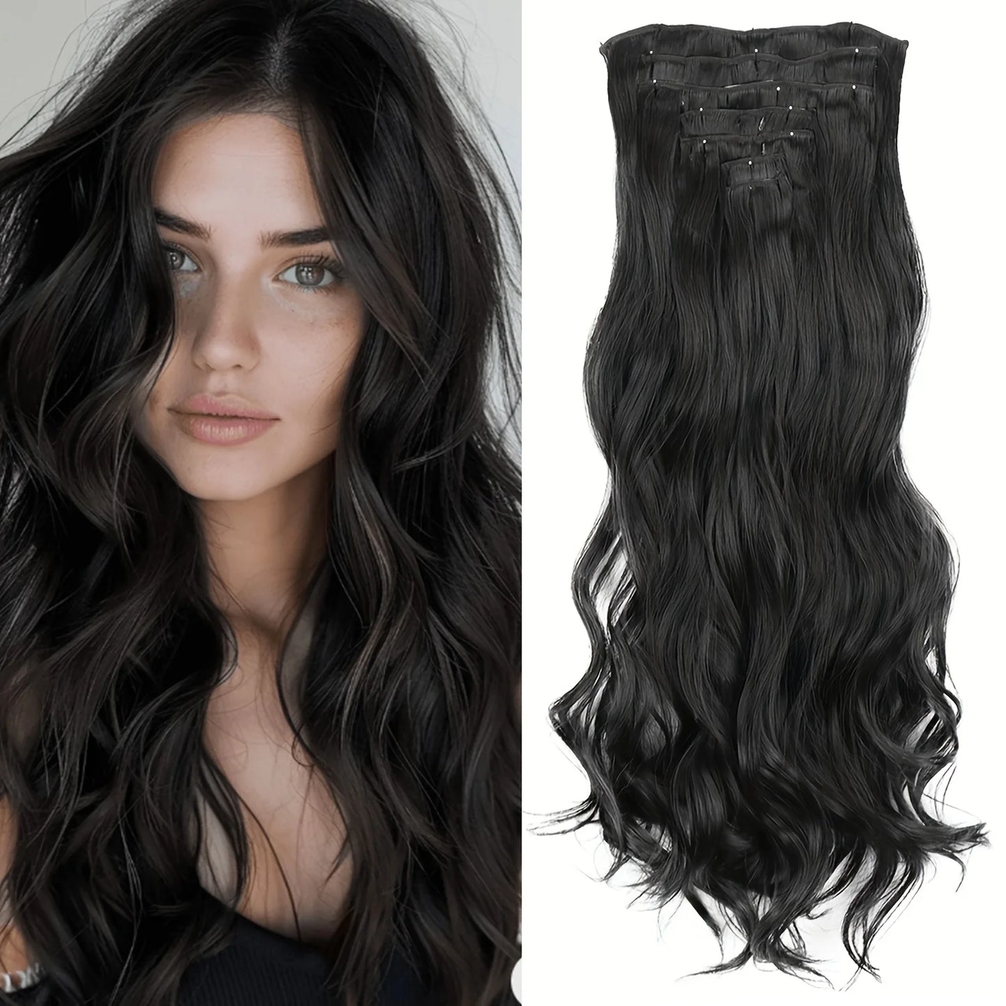 7Pcs/Set 16 Clips Hair Extension Black Long Straight Natural Hair Ombre Hairpiece Heat Resistant Fiber for Women Hairstyle