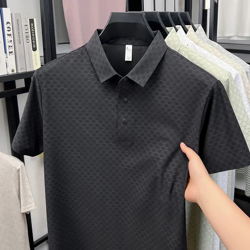 Men's Micro-Check Jacquard Polo - Quick-Dry Lightweight Knit