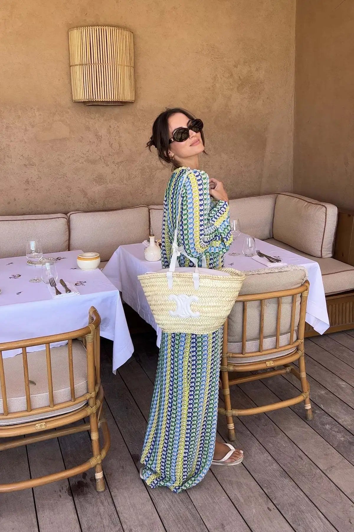 Crochet Colorful Stripe Flare Sleeve Maxi Dress Women V-neck High Split Sexy Lace Long Dresses 2026 New Beach Banquet Vestidos