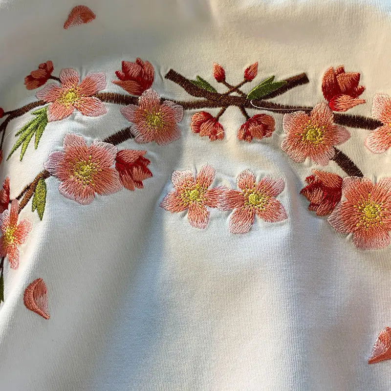 Aesthetic Japan Style Cherry Blossoms Embroidery T Shirts Sexy Women Girls Cotton Summer Tee Tops O-neck Loose Casual Harajuku