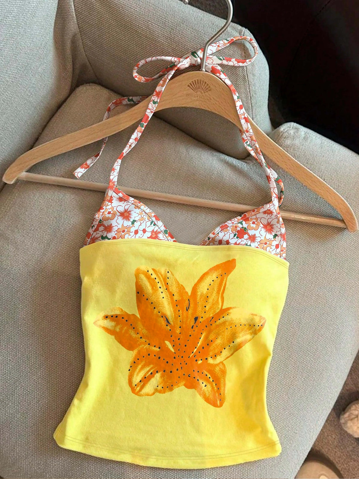 2PCS Orange Floral 2-in-1 Print Camisole, Faux Two-Piece Summer Cool Tank Top, Sexy Y2K Style