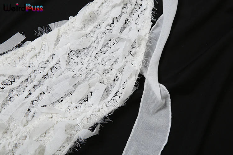 Weird Puss Sexy Halter Tassel Dress Women Y2K Elegant See Through Summer Trend Backless Skinny Stretch Midnight Bodycon Clubwear