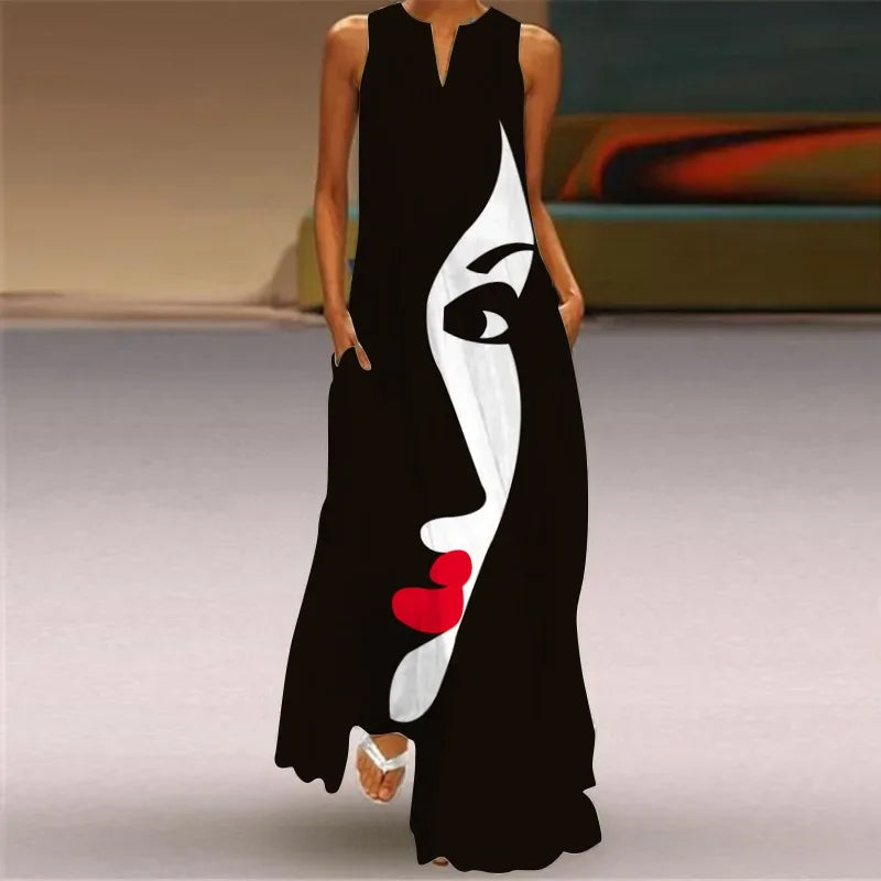 Women's Sleeveless V-Neck Maxi Dress — Vintage Print Loose Sundress with Pockets (Plus Size)