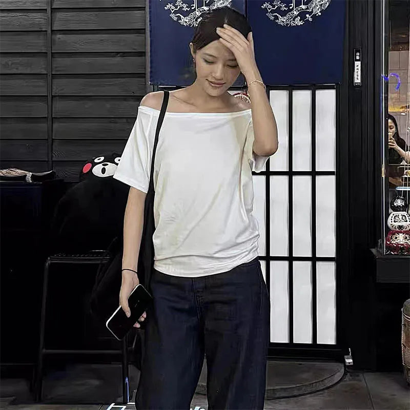 Women's Solid Skew-Collar T-Shirt — Slim-Fit Short-Sleeve Summer Tee