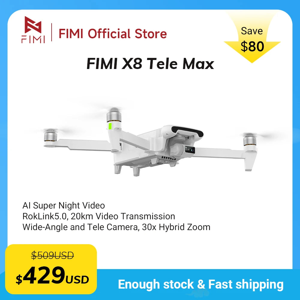 FIMI X8 Tele Max new drone Wide-Angle Tele Camera 30x Hybrid Zoom 20KM range 4K 60fps 3-axis Gimbal GPS AI Super Night Video