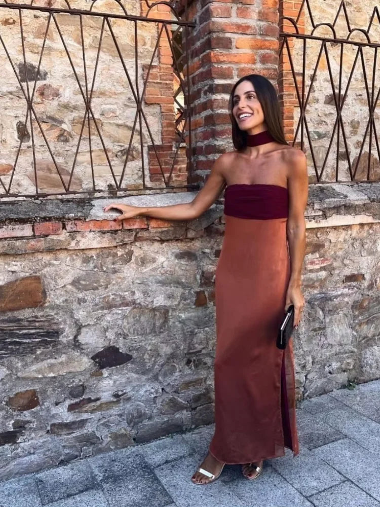 Women's Color-Block Halter Maxi Dress — Backless Off-Shoulder Party Gown