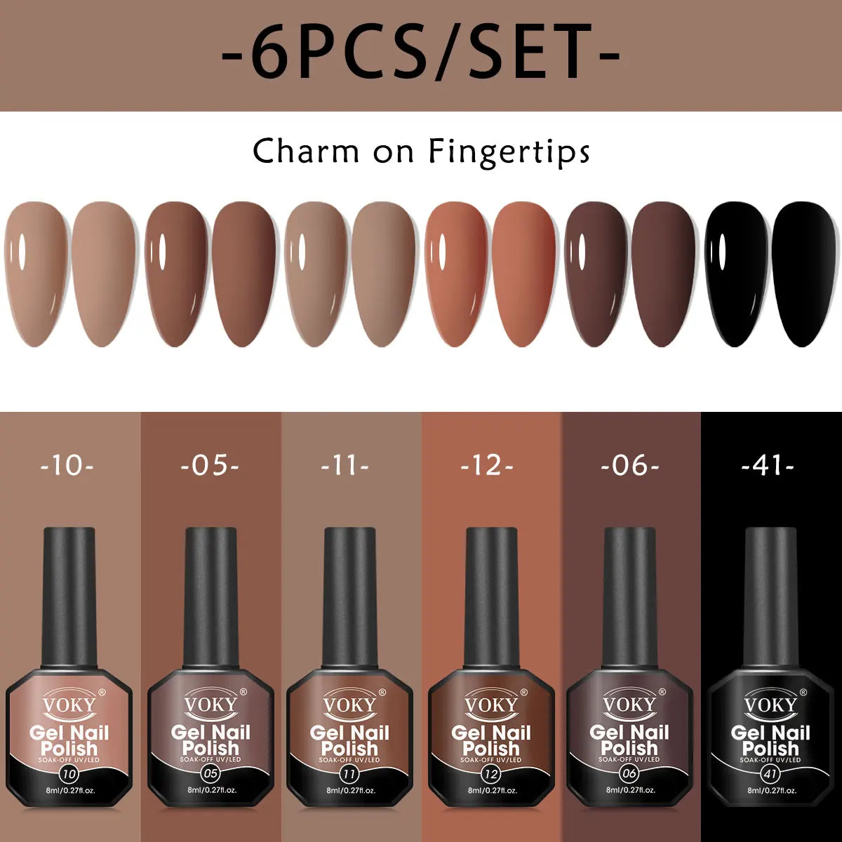 8ml 6-piece gel nail polish set, classic colors, smooth application, shiny effect, no fragrance