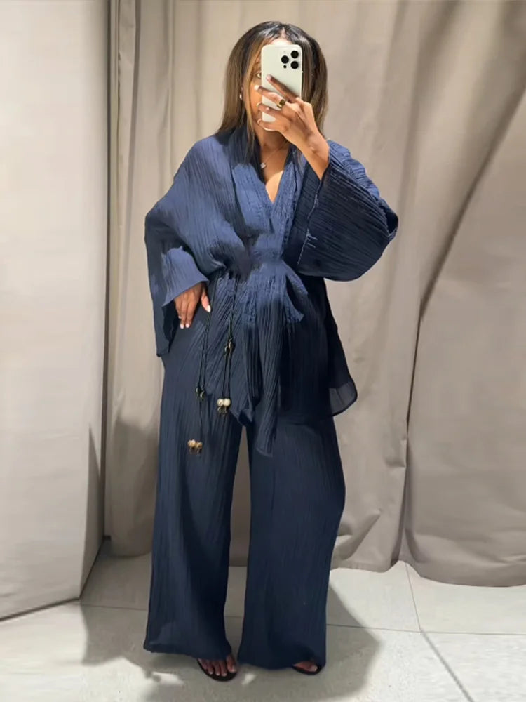 V-Neck Lace-Up Shirt & Wide-Leg Trousers Set — 2-Piece