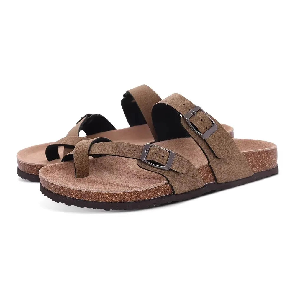 Crestar Women Cork Footbed Slippers Summer Couple Adjustable Double Buckles Flat Sandals Outdoor Cork Beach Slides With Open Toe