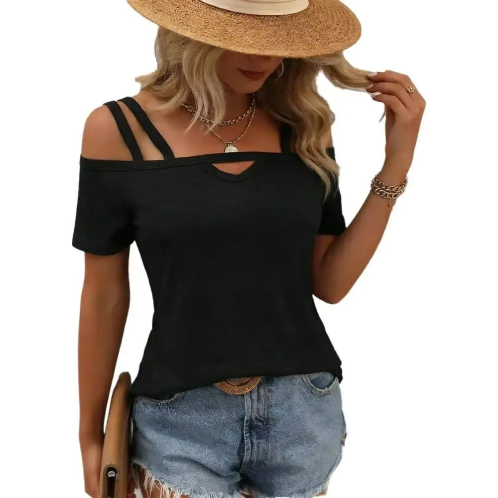 Women's T-shirt Spring Summer Black Cold Shoulder Double Strap Cutout Neck Short Sleeve Valentine's Day Casual Sexy Daily Top