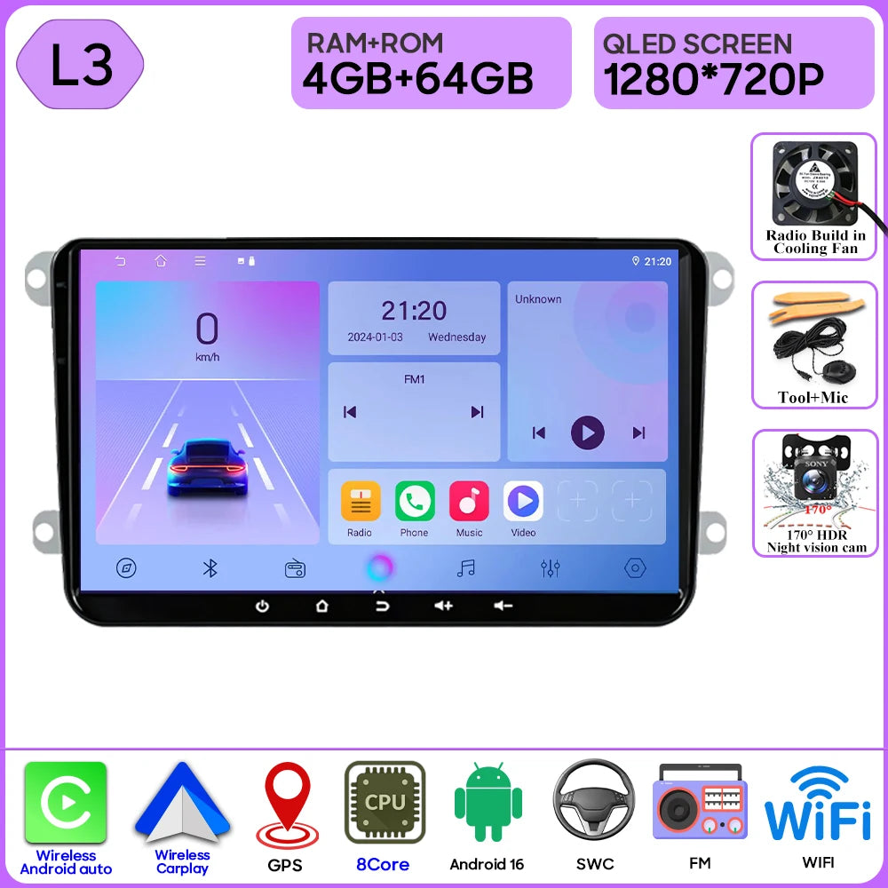 9" Android Car Stereo for VW T5, Jetta, Passat B6, Golf MK6, Tiguan, Touran, Scirocco & Skoda Rapid, Octavia, Seat Leon — CarPlay, GPS