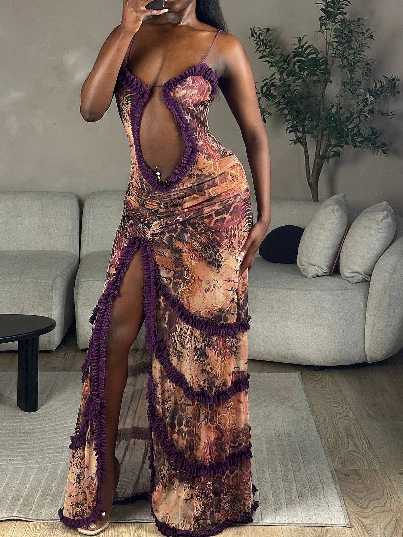 Women's sexy line hollow high slit dress with pleated lace slit dress
