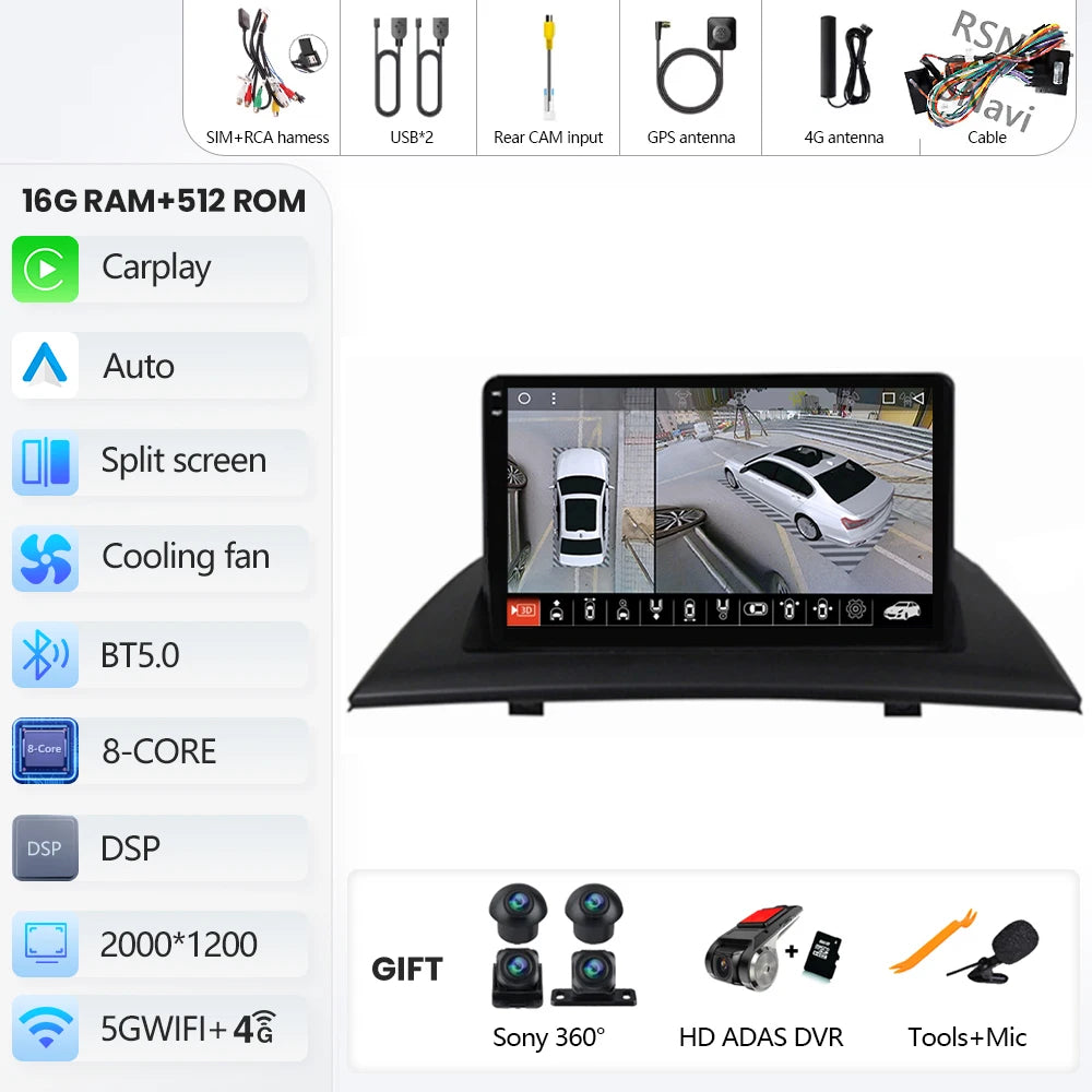 Android 16 Carplay Auto For BMW X3 E83 2004 - 2012 Car Radio GPS Player Multimedia stereo 360 Camera Navigation Video AI Voice