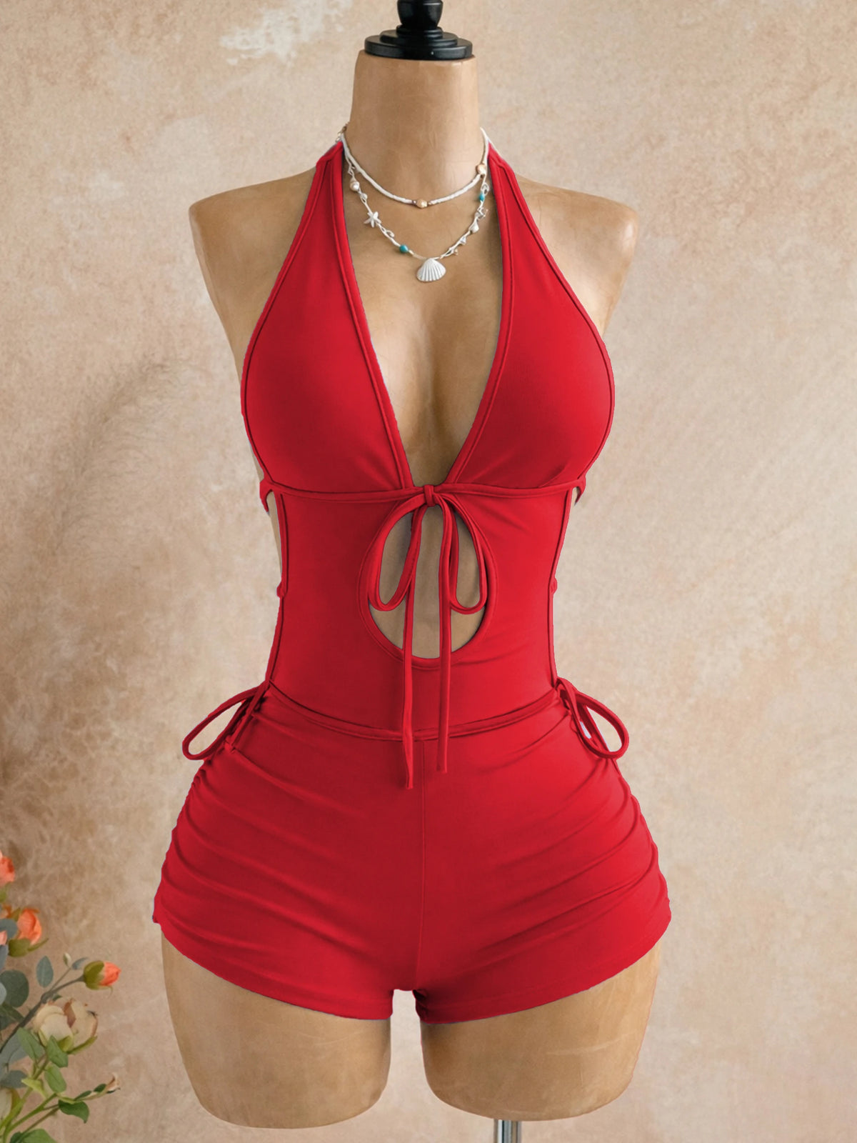 American-Style Spicy Girl Red One-Piece Jumpsuit, Halter Neck, Deep V, Backless, Tie-Waist, Toning, Short Beach Vacation Jumpsuit