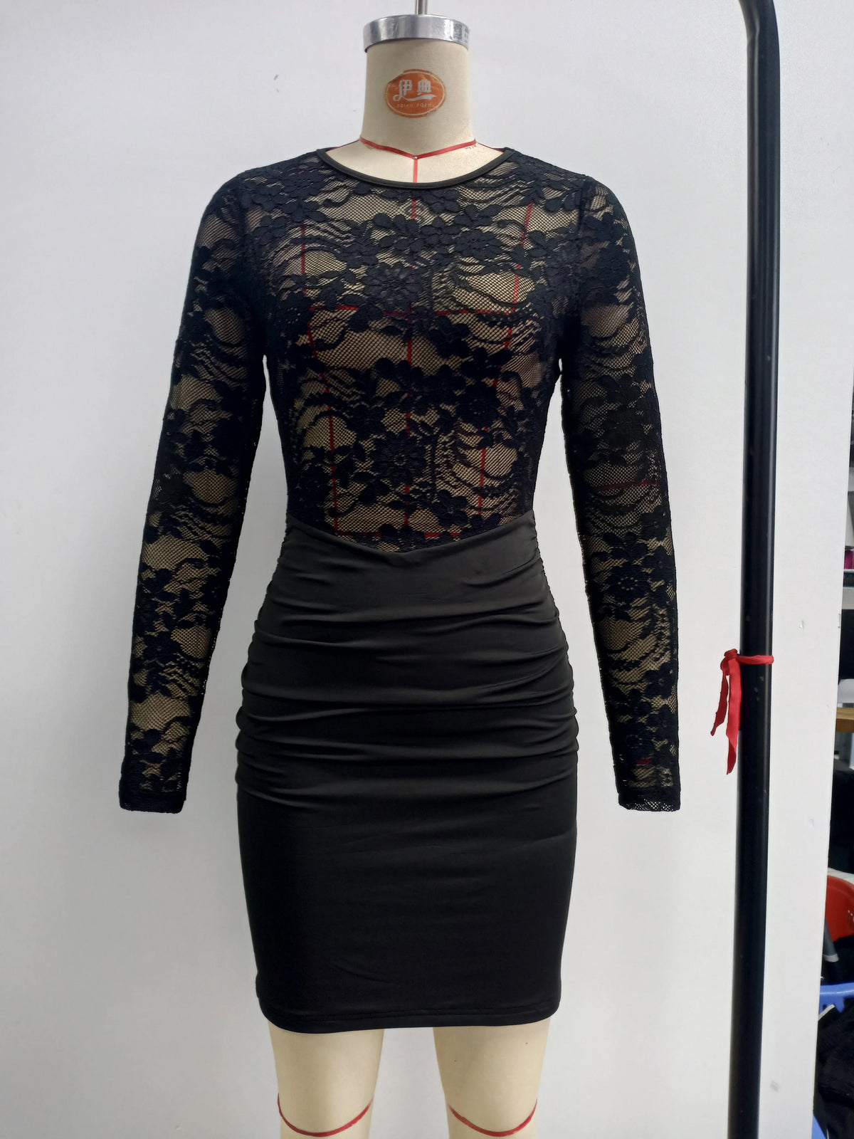 Sexy Black Long Sleeve Sheer Lace Bodycon Dress - Crew Neck Waist Ruched Slim Fit Mini Gown, For Night Club Party Date Outfits