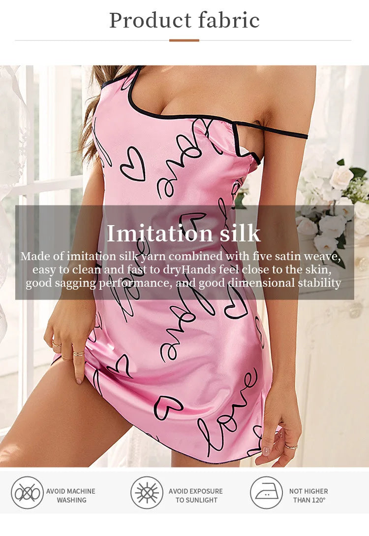 Women's Heart & Letter Print Nightdress – Sexy Sleeveless Satin Slip Sleepwear | S–XL (6 Colors)