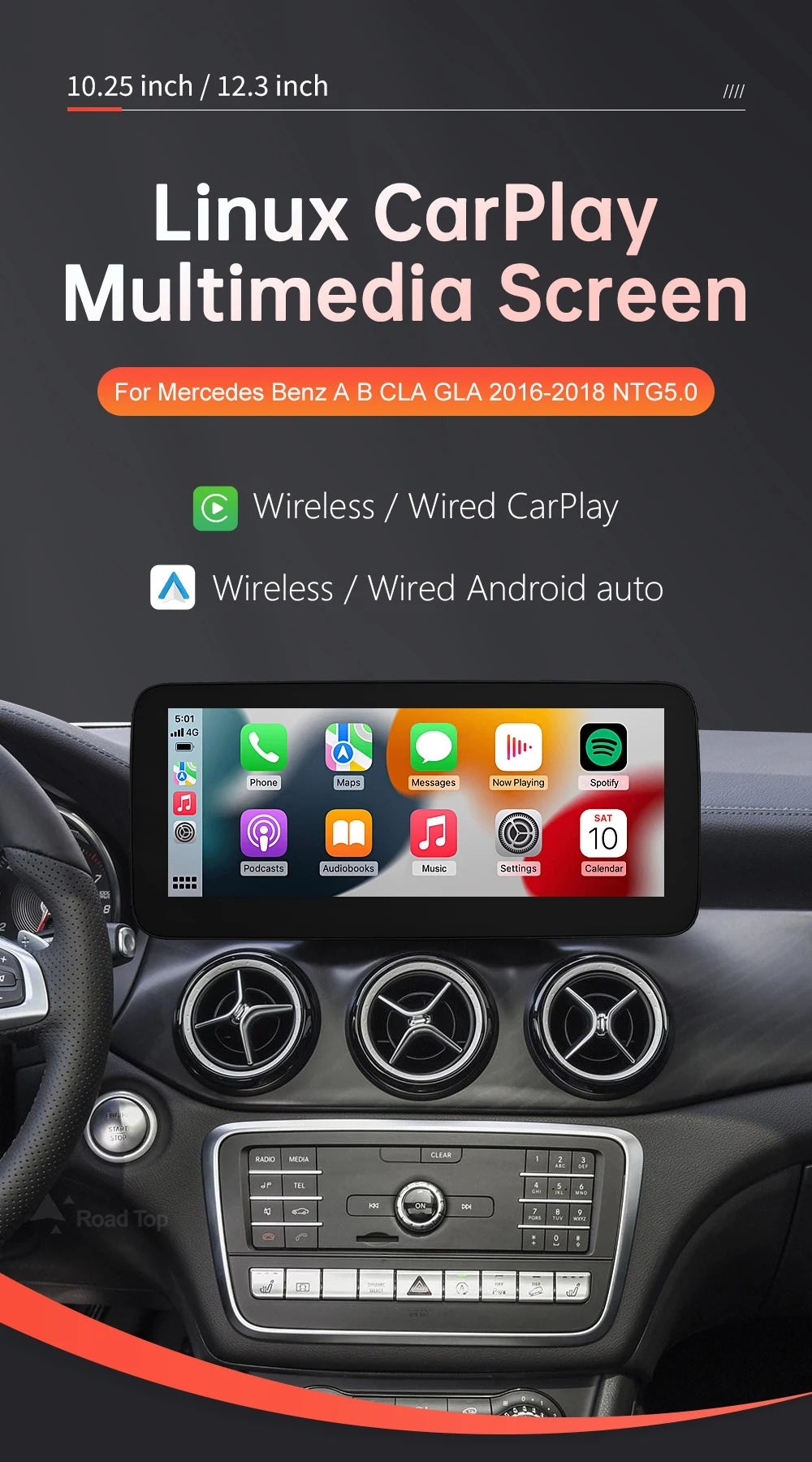 RoadTop Wireless CarPlay Android Auto Car Multimedia Display For Mercedes-Benz CLA GLA A Class W176 2026-2026 NTG5.0 TouchScreen