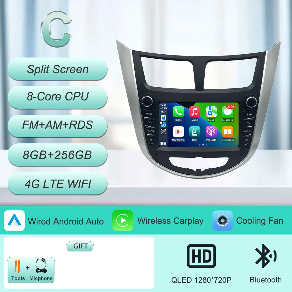 7" Android Car Radio for Hyundai Solaris Accent Verna 2010-2016 Wireless CarPlay Android Auto GPS WiFi BT FM Touch Screen Stereo