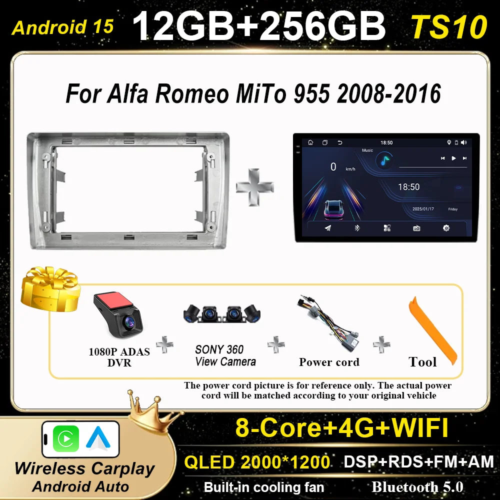 Android 15 Car Radio Stereo For Alfa Romeo MiTo 955 2008-2016 Auto Cireless Carplay GPS Navigation Multimedia Video Player 2Din