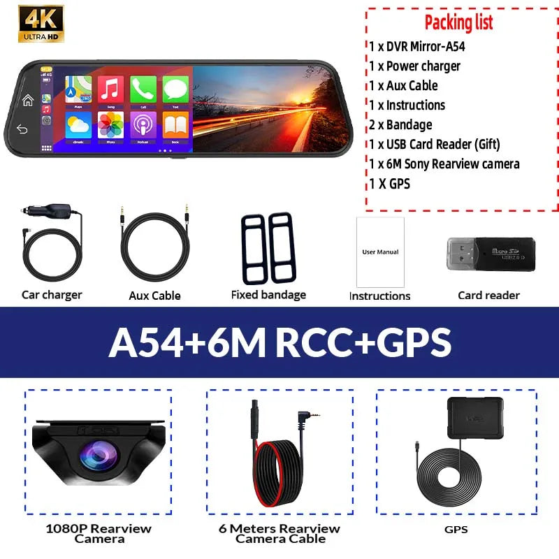 10 Inch 4K Mirror Dash Cam Suppost Wireless Carplay & Android Auto WIFI GPS Navigation Dual Lens Video Recorder Car Dvr