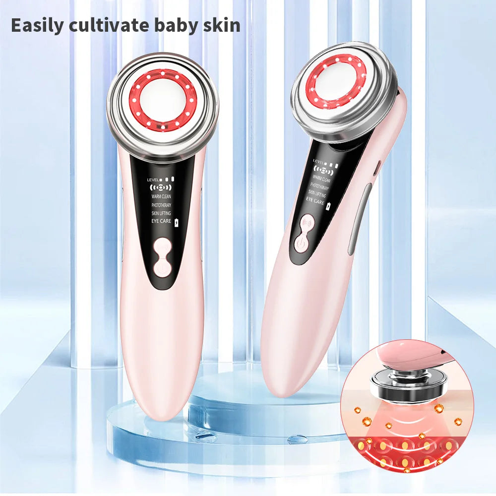 7 in 1 EMS Facial Massager Face Beauty Instrument with Induced Vibration and Hot Compress Face Skin Care Tool LED Light Therapy , Women