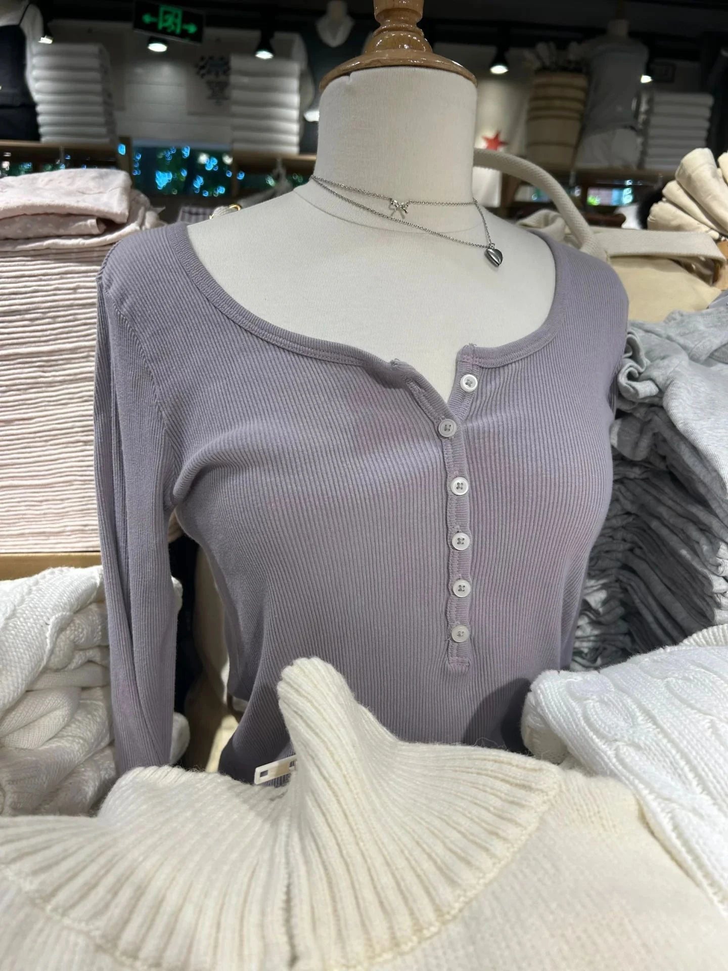 Women's Ribbed Long-Sleeve Top — Six-Button Slim Round-Neck Y2K Tee