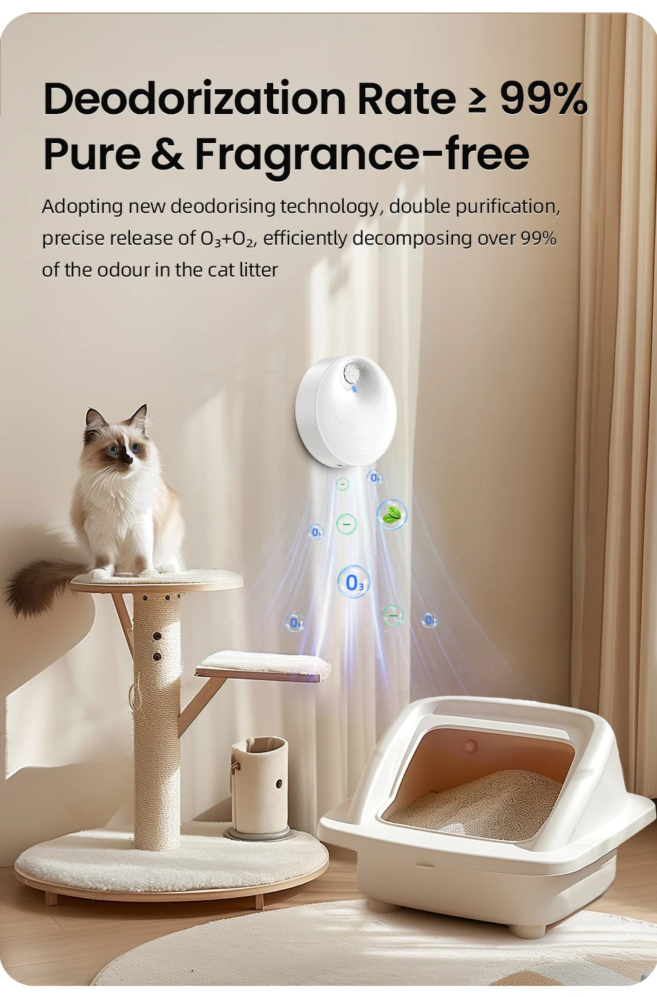 ROJECO Smart Cat Odor Purifier 4000mAh Cat Odor Deodoriser For Cat Litter Box Automatic Pet Toilet Smell Deodorant Purifier