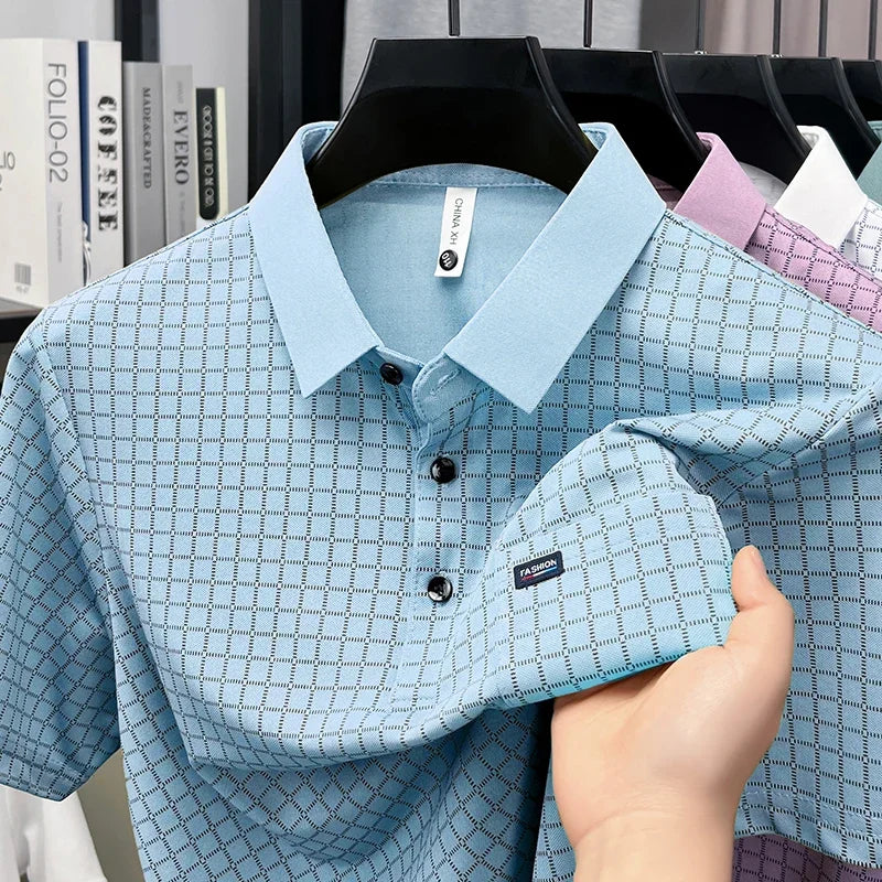Men's Contrast Lapel Polo - Micro-Lattice Print, Chest Pocket