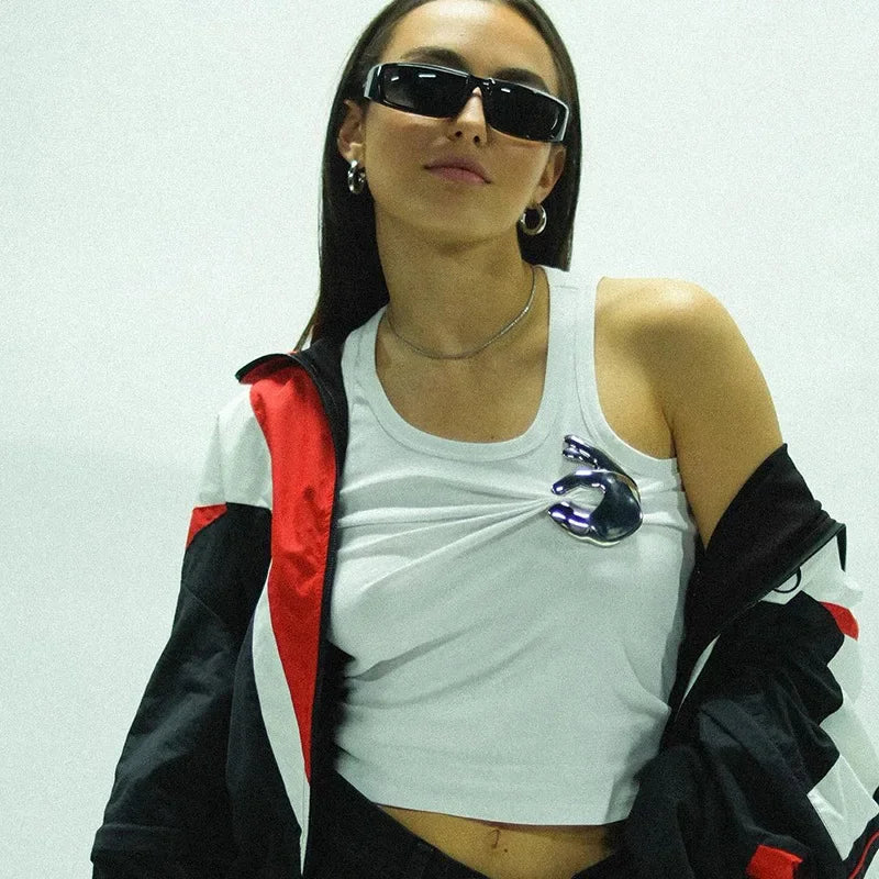 Creative Metal Decoration Tank Tops Women Edgy Clothes Y2k Accessories Sleeveless Crop Top Slim Fit Ropa De Mujer Camison Verano