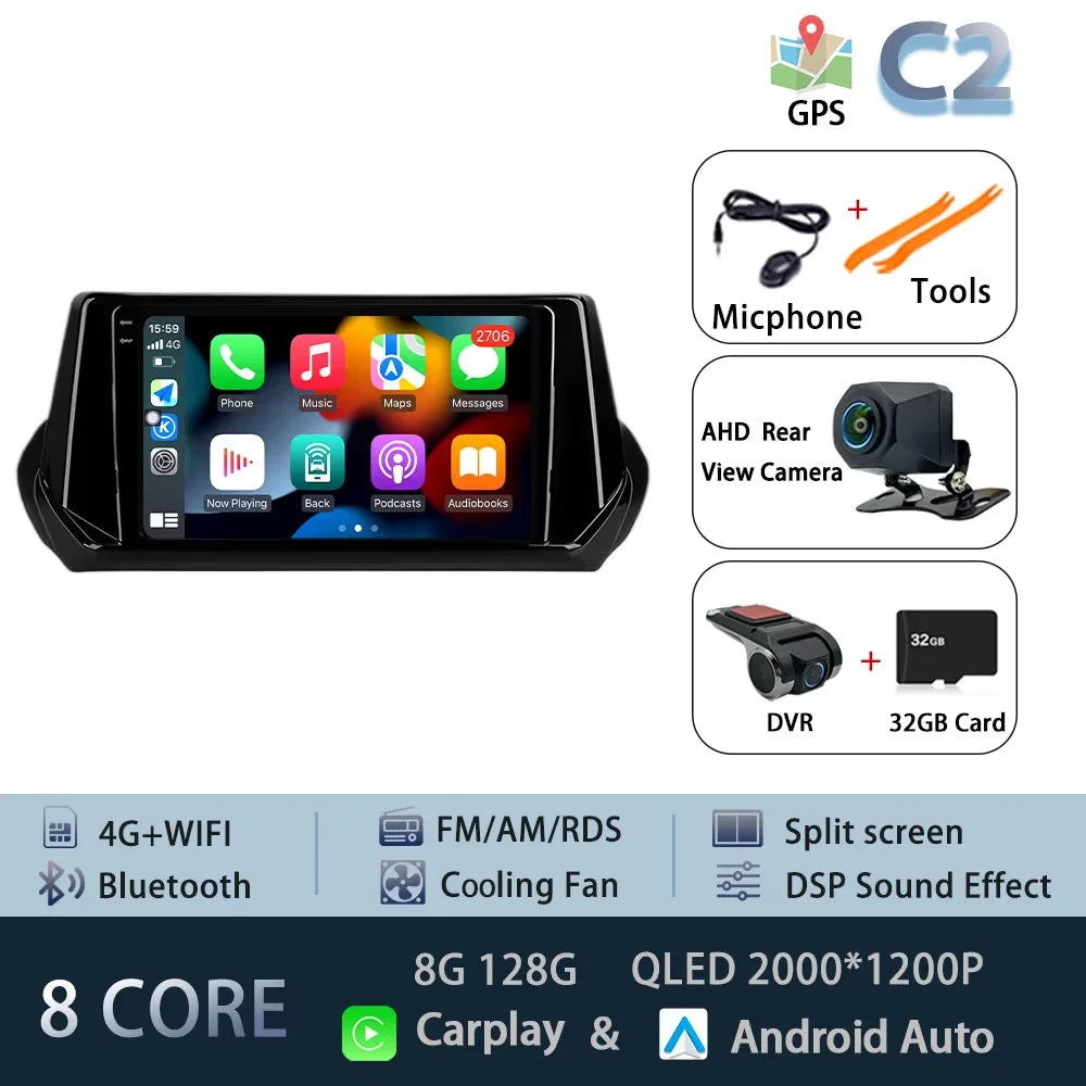 Car Stereo with Apple CarPlay & Android Auto, Compatible with Peugeot 2008 & 208 (2019-2022)