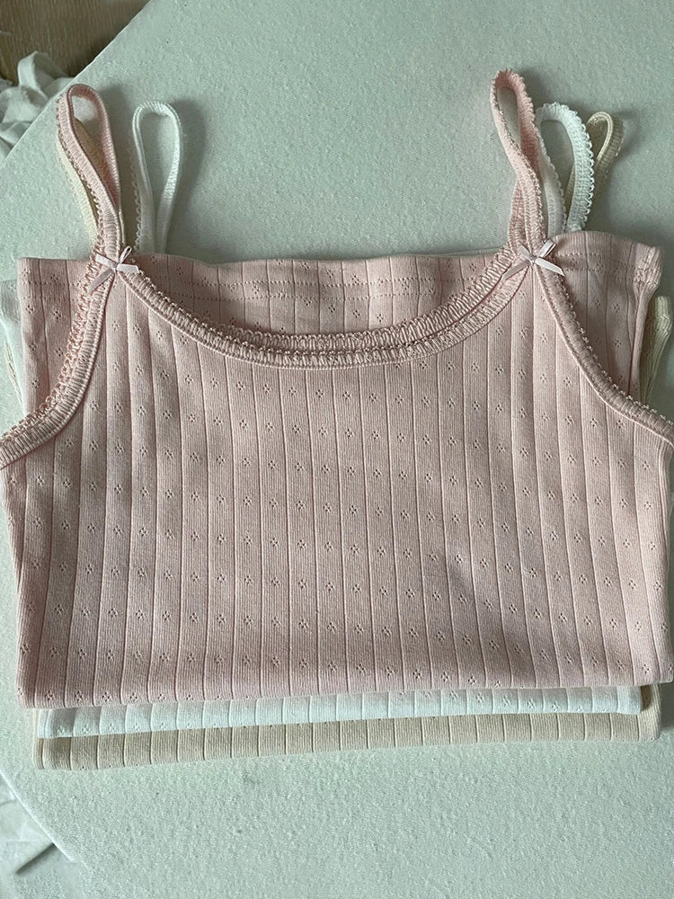 Bows Eyelet Sweet Slim Tank Top Women Lace Trim Cotton Sleeveless Summer Camis Vests Sweet Preppy Style Solid Crop Top Y2k