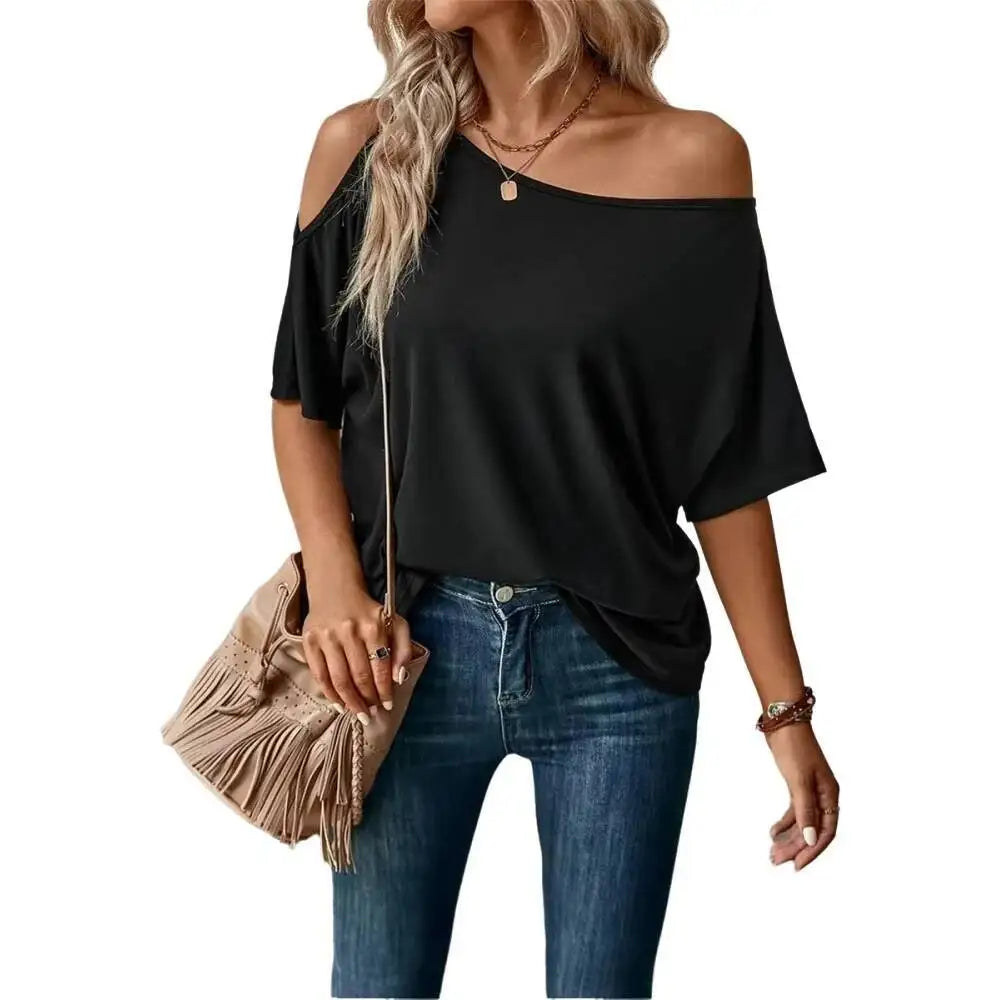 Women's Black Off Shoulder T-Shirt Asymmetrical Neck Batwing Short Sleeve Loose Fit Casual Spring Summer  Daily Commuting Top