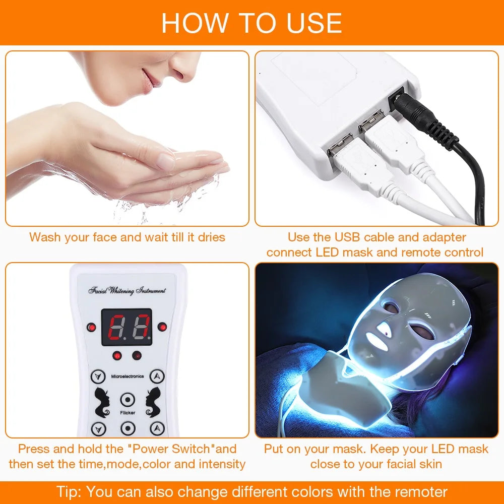 7 Colors Light LED Face Neck Beauty Mask Photon Red Light Facial Skin Care Anti Aging Rejuvenation Brighten Skin Care Tool