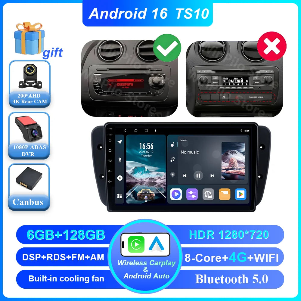 9" Android Car Stereo for Seat Ibiza MK4 6J (2008–2015) — CarPlay, Android Auto, GPS, 4G, WiFi