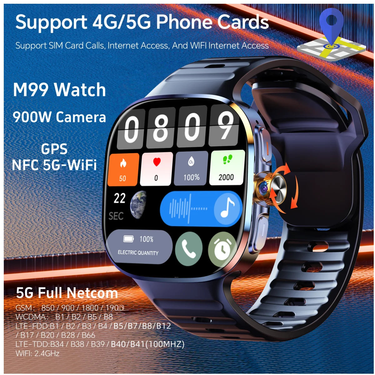 Original M99 Smartwatch with 2.4 Inch AMOLED Screen 4G/5G SIM Card Slot GPS WiFi 190° Rotating Camera Android 10.0 Gaming Watch