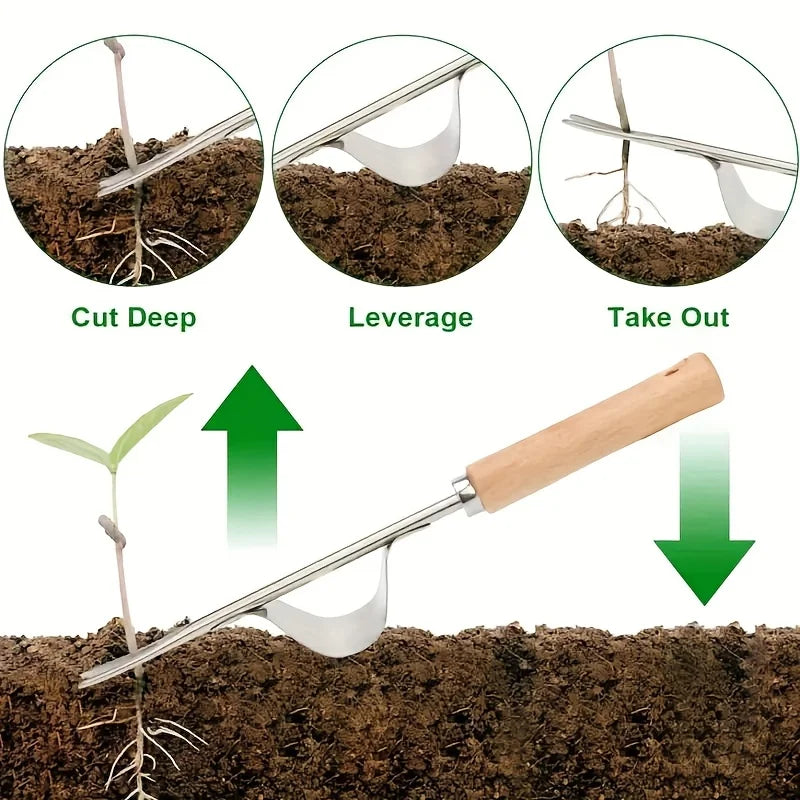 1 multifunctional ergonomic stainless steel weed killer: easy to remove weeds and dandelions, wooden handle weed control tool