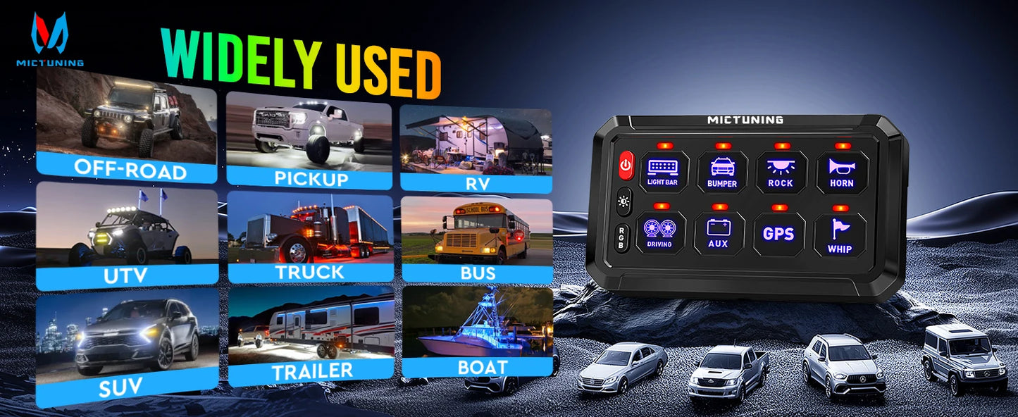 MICTUNING P1S-R 6/8 Gang Switch Panel RGB Colors Adjustable Brightness Switch Momentary Circuit Control Relay System Box For SUV