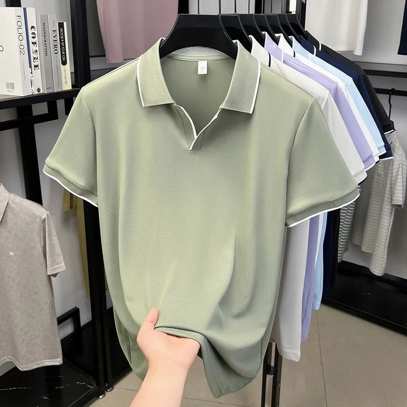 Men's Piping-Detail Polo - Soft Stretch, No-Button Placket